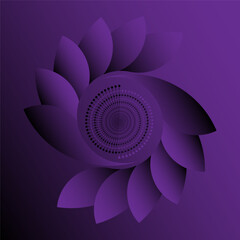 Modern abstract purple geometric flower vector on a dark gradient background, symbolizing symmetry and harmony, designed for branding, digital art, posters, covers, and creative visual applications