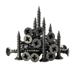 Screws piled high in workshop industrial view isolated on transparent background