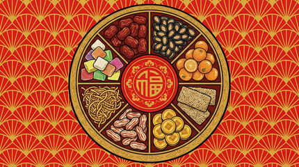 Vector illustration of a round traditional Chinese New Year candy box, or Tray of Togetherness, viewed from above. The red tray has compartments filled with lucky snacks like melon seeds, nuts.