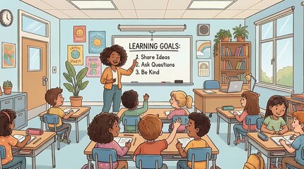 Classroom scene teacher and students education concept illustration