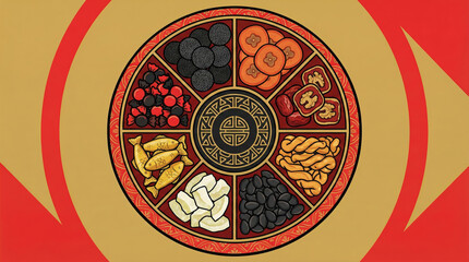 Vector illustration of a round traditional Chinese New Year candy box, or Tray of Togetherness, viewed from above. The red tray has compartments filled with lucky snacks like melon seeds, nuts.