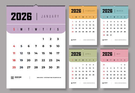 2026 Monthly Wall Calendar Design Template With Colorful Layout