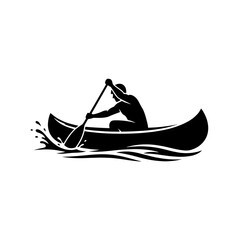 Fototapeta premium Man rowing a canoe boat on water waves black silhouette vector illustration for outdoor adventure