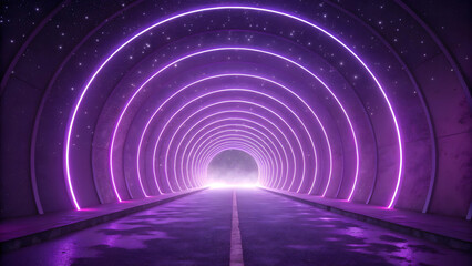 Vibrant purple neon light tunnel with a bright glowing exit in a futuristic scene