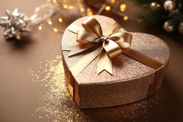 Golden heart shaped gift box with ribbon on brown background for valentines day