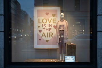 A storefront display features a mannequin dressed in a soft pink coat and pants beside a large poster reading "love is in the air" with hearts, set against an urban street backdrop