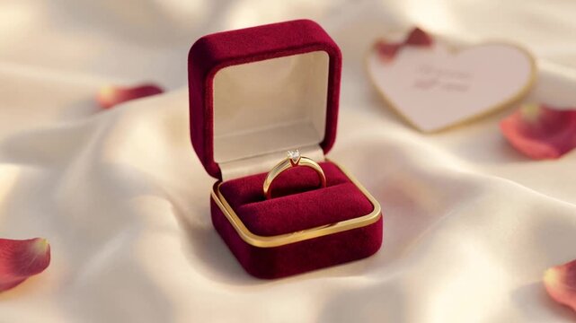 Beautiful gold diamond engagement ring inside a red velvet box resting on a white silk cloth, surrounded by rose petals and a heart shaped card for a romantic marriage proposal