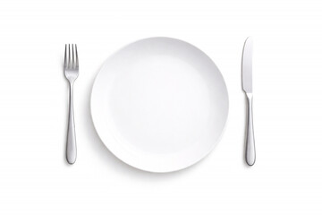 白背景に白い皿とカトラリーを並べたフラットレイ　料理イメージ用シンプル背景