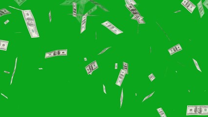 Money falling animation loop with green screen for financial projects. realistic 100 dollar banknotes raining down over chroma key.