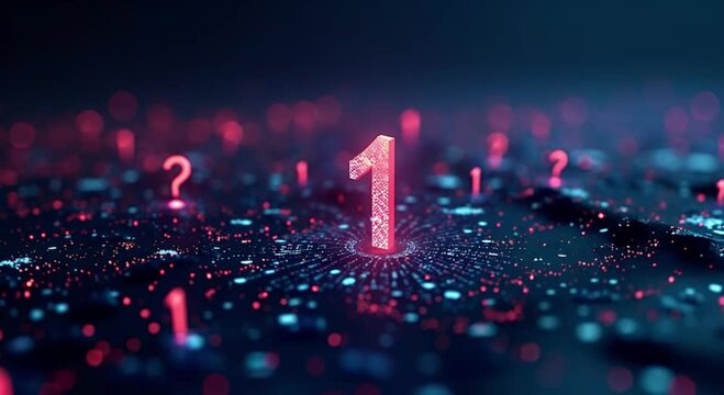 Futuristic digital number one (1) glowing red on a dark abstract circuit board symbolizing achievement ranking success or data processing in cyberspace.