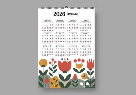 2026 Floral Wall Calendar With Monthly Grid And Decorative Flowers