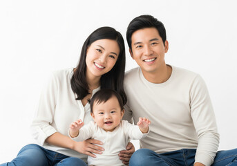 Smiling young parents with baby isolated on white background
