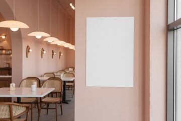 A blank white poster is displayed on a pink wall in a stylish caf&eacute; interior featuring round pendant lights, wicker chairs, wooden tables, and a window allowing natural light to illuminate the space
