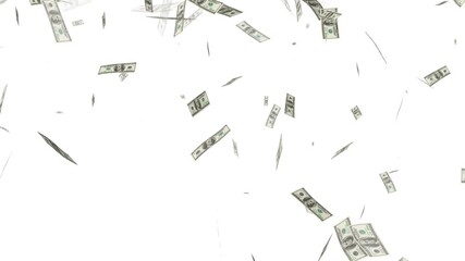 Money explosion overlay isolated on white screen chroma key background. falling us dollar banknotes transition on green screen loop.