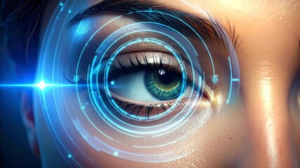 Futuristic eye scan with a digital interface with a laser effect scanning the eye - Powered by Adobe