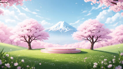 Pink cherry blossom trees on green hill with mountain
