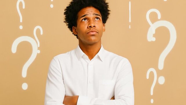 Thinking, idea and young man in a studio with dreaming, guess or question facial expression.
