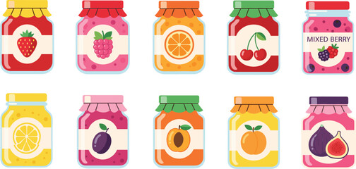 Fruit jam jars vector illustration set with strawberry, raspberry, orange, cherry and mixed berry preserves © Sumon Creative