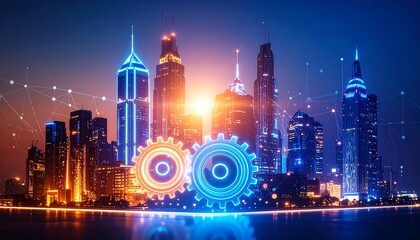 Futuristic city with glowing gears and blue-orange skyline reflections.