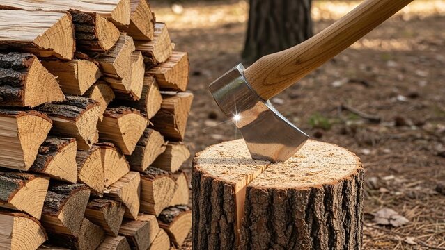 sharp metal axe stuck in wooden log near stack of chopped firewood for lumberjack blogs, heating guides, winter preparation articles, woodwork tutorials on blurred forest background