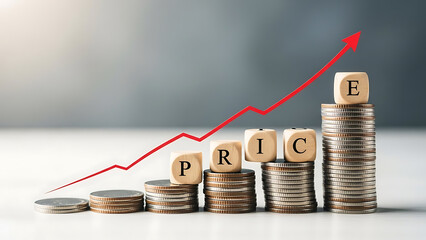 Stacks of coins with price graph and wooden letter blocks