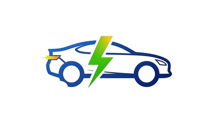 Electric car charging with a green lightning bolt on a white background.