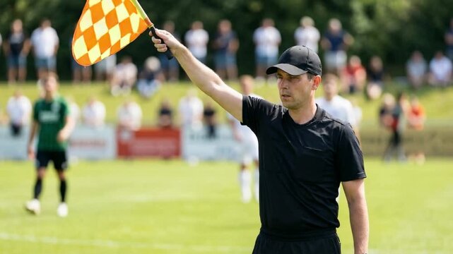 Assistant referee raising his flag to signal an offside during a professional soccer match with players and spectators blurred in the background on a sunny day in a stadium