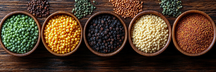 Assortment of colorful peppercorns and various spices displayed in rustic wooden bowls on dark wooden background, overhead view