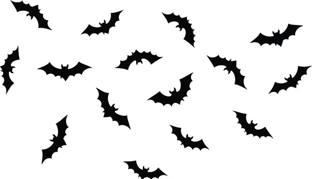 Halloween bat silhouettes vector set with flying bats in black isolated spooky horror illustration style