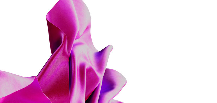 Unique artistic representation of pink fabric swirling in motion against a bright white backdrop. Captivating design wit