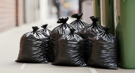 Black trash bags full of waste plastic garbage on a sidewalk next to a green bin, concept of urban cleanup and environmental pollution.
