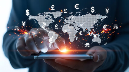 Man holding phone with global currency symbols floating above