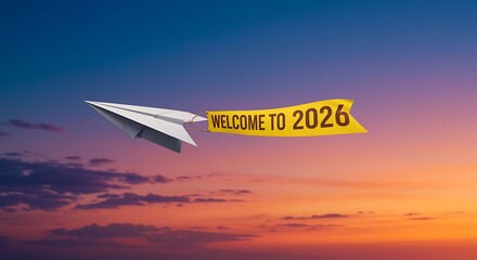 Obraz premium Paper airplane with welcome to 2026 banner at sunset