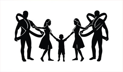Silhouettes of two parents holding hands with their child, symbolizing family connection and unity