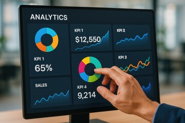 User engaging with a data analytics dashboard displaying key performance indicators and sales trends. Concept of data-driven decision-making in business.