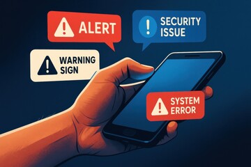 Hand holding smartphone displaying security alerts and system errors. Concept of cybersecurity, digital threats, and user awareness in technology.