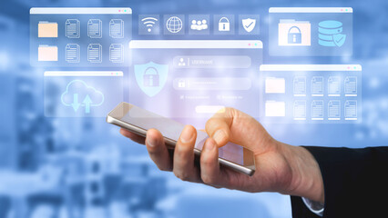 Secure login and file management interface with folder, password, and encryption icons for cybersecurity visualization Parse