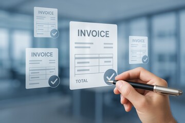 Business professional reviewing invoices on a digital display with a pen, emphasizing accuracy and financial responsibility. Concept of digital documentation and compliance in finance.