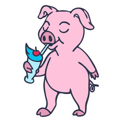 Obraz premium Pig drinking shake cartoon