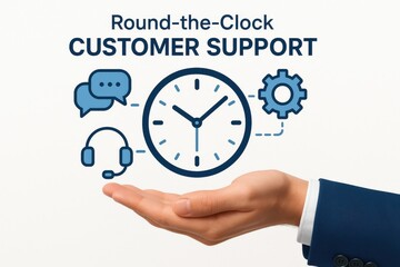 Hand presenting round-the-clock customer support concept with icons like clock, headset, and messages. Theme of reliability, communication, and service accessibility.