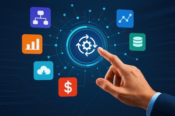 Business professional interacting with digital management icons, representing data analysis, financial workflows, and cloud computing technology. Concept of innovation and digital transformation.