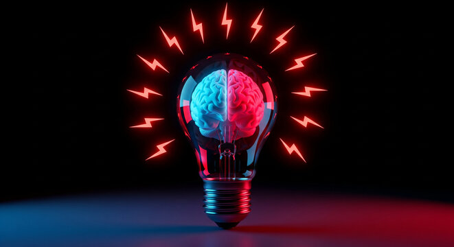 Illuminated Brain in Lightbulb with Electric Sparks of Creativity and Idea - Powered by Adobe