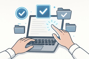 Digital workspace depicting user interaction with a laptop, emphasizing organization and task management. Concept of productivity, technology, and modern workflow efficiency.