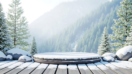 Snowy mountain landscape with wooden platform