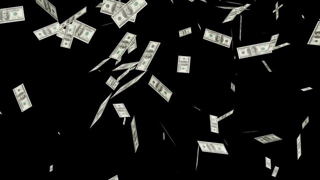 Banknotes money flying down animation on transparent background 4k video. realistic american currency falling, raining 100 dollar bills isolated on chroma key background.