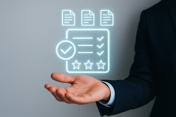 Business professional presenting digital checklist and documents in an abstract manner. Concept of efficiency, organization, and modern technology in workflow management.