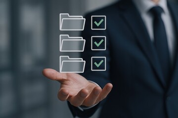 Business professional showcasing organized digital files with checkmarks, symbolizing efficiency, productivity, and digital workflow in modern management.