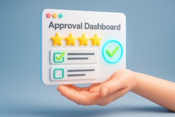 Hand displaying an Approval Dashboard featuring ratings and checklists, symbolizing evaluation, feedback, and task management for digital workflows.