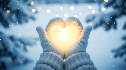 Hands holding glowing heart in winter