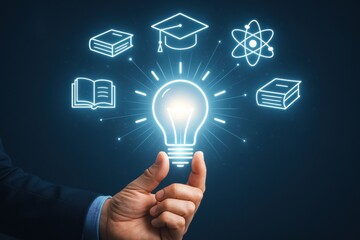 Person holding a glowing light bulb surrounded by educational icons symbolizing knowledge and innovation. Concept of inspiration, learning, and intellectual growth.